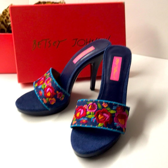 Betsey Johnson denim embroidered rose heel 7.5 rockabilly pinup vintage shoes - Picture 3 of 6